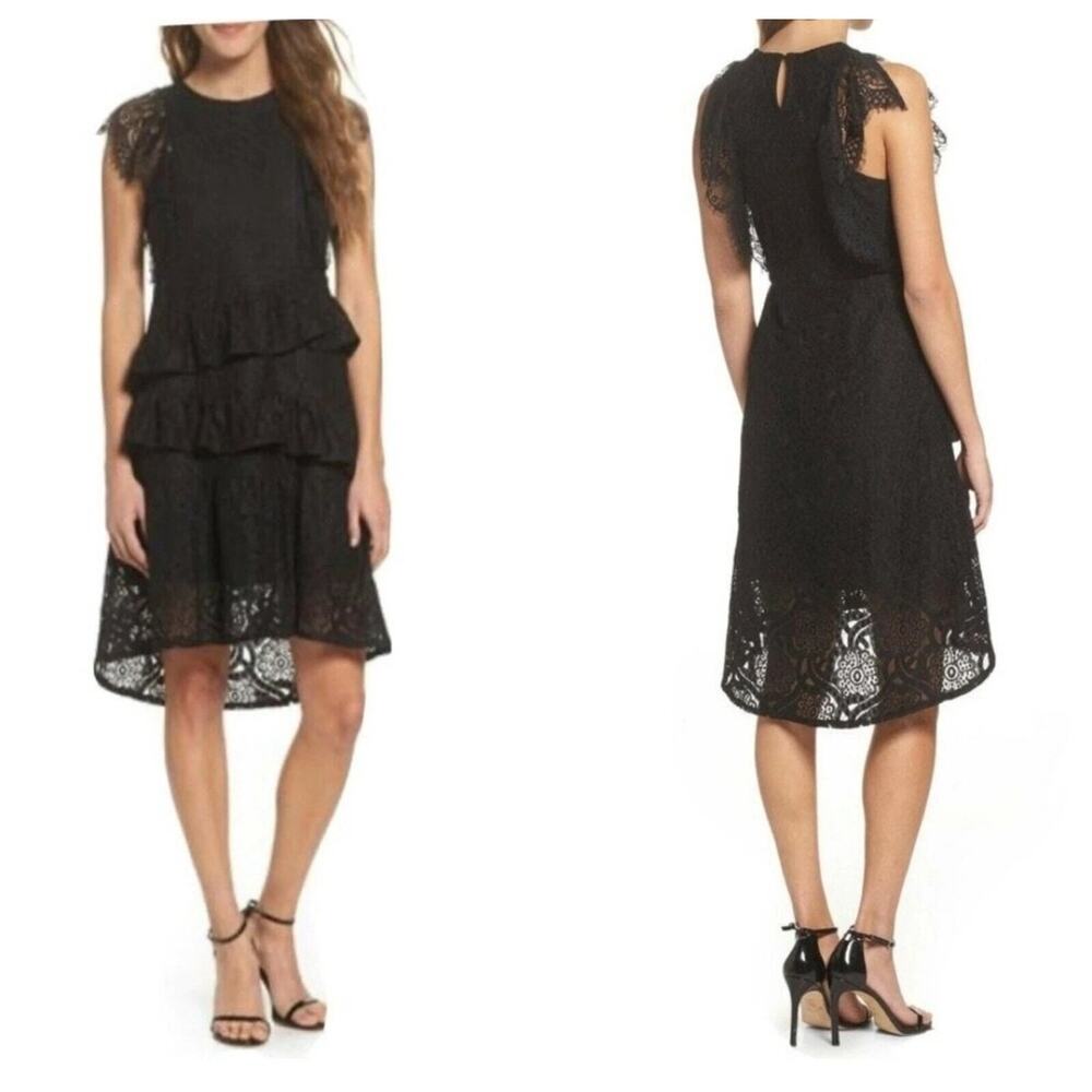 Foxiedox All Over Lace Tiered Ruffle Sleeveless Hi-Low Lined Black Dress | M EUC
